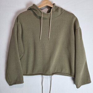 Cropped Hoodie Womens M Drawstring Olive Green Tweed Distressed Sweatshirt Hood